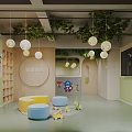 Kindergarten Interior With Hanging Green Plants Spherical Pendant Lights And Colorful Seating