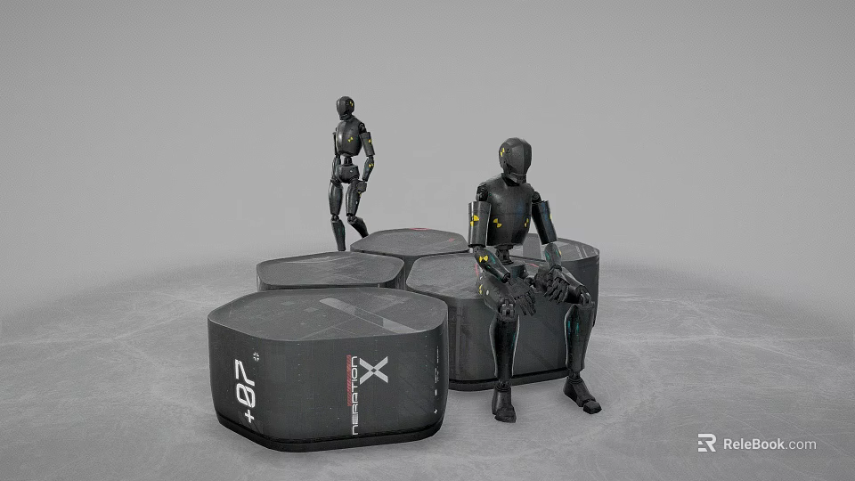 Black Robots Standing And Sitting On Black Hexagonal Platforms With Z Plus And X Logos 3d model