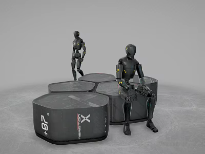 Black Robots Standing And Sitting On Black Hexagonal Platforms With Z Plus And X Logos 3d model
