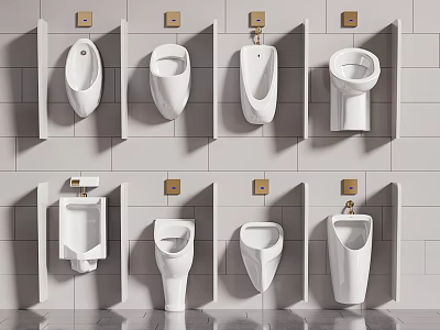 Modern Wall Mounted Urinals In Various Designs On Tile Bathroom Wall 3d model