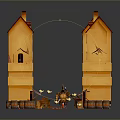 Charming European Town Scenery With Yellow Buildings Red Roofs Brick Street And Wooden Barrels