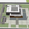 Modern Building Exterior View With Glass Curtain Walls Water Pool Cherry Blossoms And Plaza
