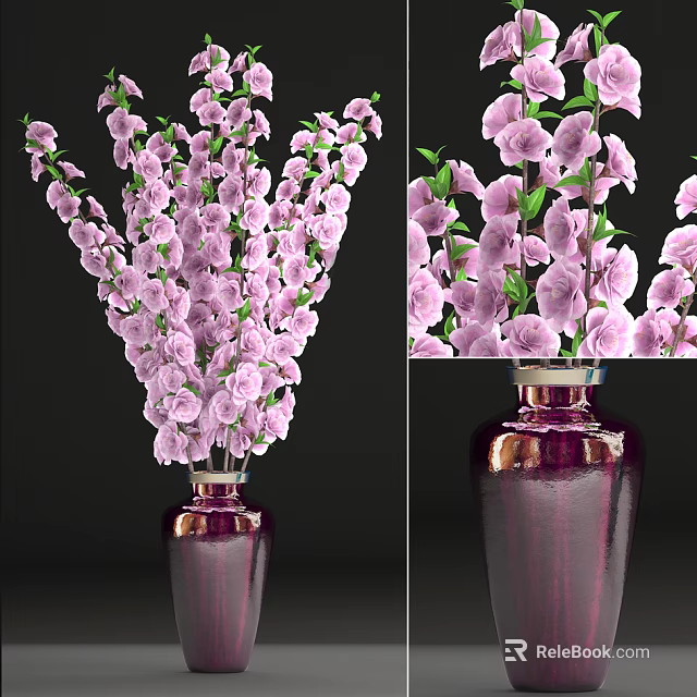 Elegant Purple Vase With Pink Blooming Flowers For Home Decoration 3d model 