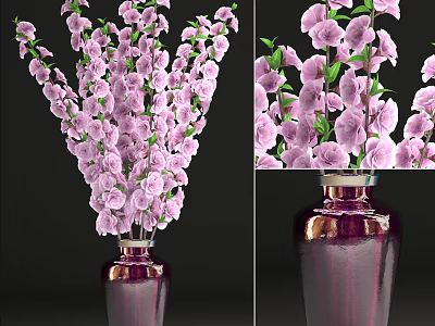 Elegant Purple Vase With Pink Blooming Flowers For Home Decoration 3d model