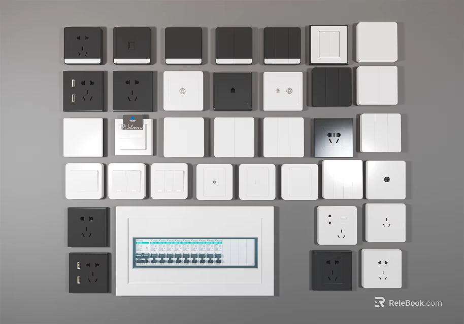 Various Black And White Switch Panels With USB Ports And Different Socket Styles 3d model 