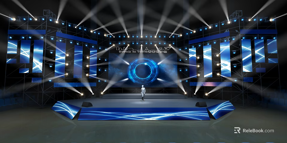 Tech Inspired Stage With Blue Lighting And Performer 3d model