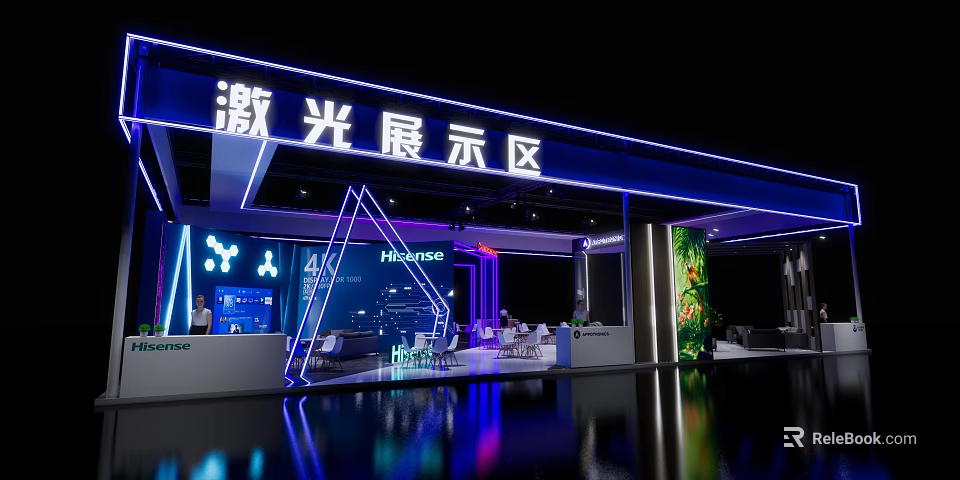 Modern Laser Display Area Interior With Hisense Booth And Blue Lighting Design 3d model