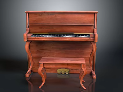 Elegant Brown Wooden Piano Furniture With Matching Bench And Carved Legs 3d model