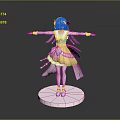 Anime Character Figure With Blue Hair And Pink White Outfit On Pink Base