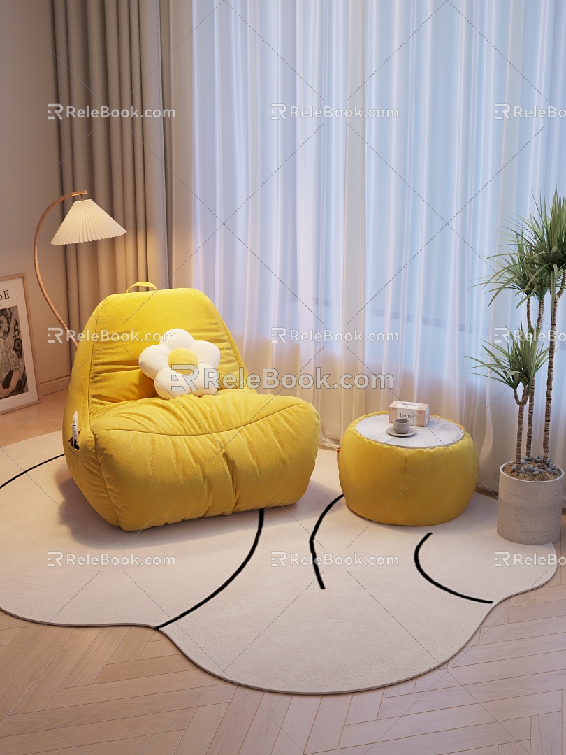 Cream wind living room leisure chair chair combination single chair lamp pillow plant 3d model