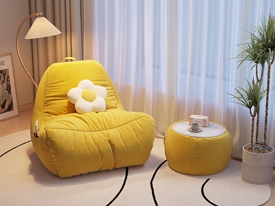 Cream wind living room leisure chair combination single chair lamp pillow plant 3d model