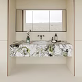 Modern Bathroom Washbasin with Patterned Marble Countertop Mirror Vase and Window View 3d model