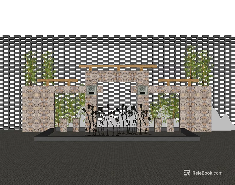 Garden Ornament With Grid Background Archway Green Plants And Decorative Sculptures 3d model 