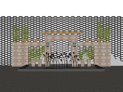Garden Ornament With Grid Background Archway Green Plants And Decorative Sculptures 3d model