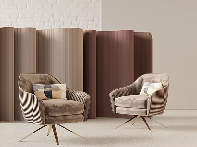 Luxury Modern Armchairs With Striped Upholstery Throw Pillows Metal Legs And Wavy Panel Walls 3d model