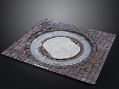 Brick Paved Square Structure With Circular White Center And Two Holes 3d model