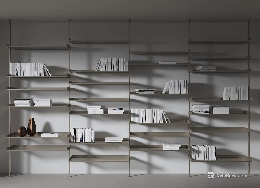 Modern Open Bookshelf With Light Toned Metal Frame And Decorative Items 3d model 