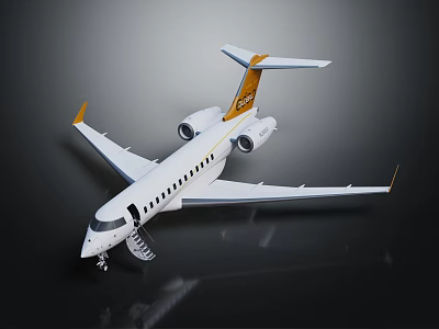 White Business Jet With Yellow Tail And Deployed Stairs On Shiny Surface 3d model