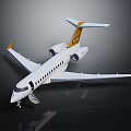 White Business Jet With Yellow Tail And Deployed Stairs On Shiny Surface