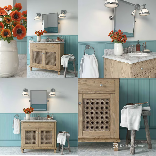 Wooden Bathroom Vanity With Marble Top Mirror And Orange Flowers 3d model 