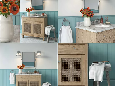 Wooden Bathroom Vanity With Marble Top Mirror And Orange Flowers 3d model