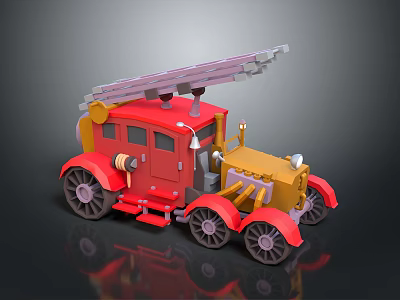 3D Model Of A Retro Red Fire Truck With Ladder 3d model