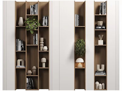 Modern Wooden Decorative Cabinet with Shelves Books Green Plants and Decorative Items 3d model