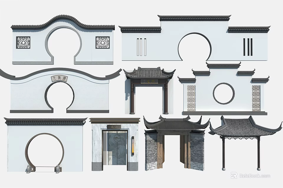 Traditional Chinese Archways With Various Designs Tile Roofs And Carved Details 3d model 