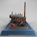 Vintage Electronic Device Model with Boiler Chimney and Red Wheel on Blue Base