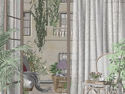 Cozy Home Balcony Interior With Hanging Plants Rattan Furniture And Green Decor 3d model
