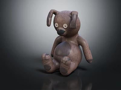 Brown Puppy Plush Toy With Big Ears Round Eyes And Sitting Position On Shiny Surface 3d model