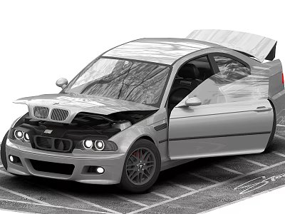 Silver BMW Sports Car With Open Hood Door Engine Display And Sporty Exterior 3d model