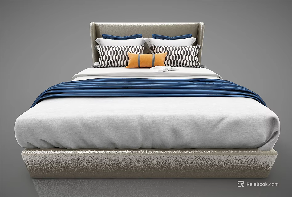 Modern Double Bed With Upholstered Headboard Patterned And Solid Pillows And Blue Bedspread 3d model