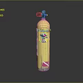 Yellow Gas Cylinder With Valve And Colorful Stickers On Dark Background