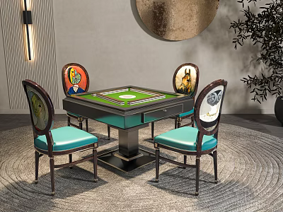 Elegant Entertainment Table With Four Chairs Decorative Backrests Turquoise Cushions And Dark Frame 3d model