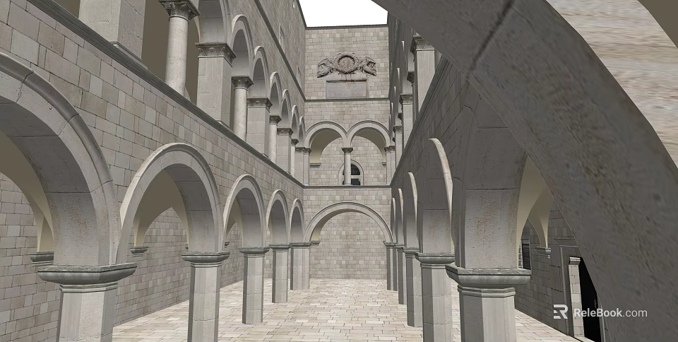 Ancient Stone Courtyard With Arched Walkways And Ornate Columns Design 3d model 