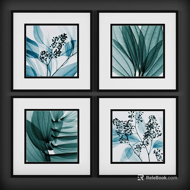 Four Piece Plant Paintings With Teal Leaves Branches And Black Frames 3d model