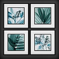Four Piece Plant Paintings With Teal Leaves Branches And Black Frames 3d model