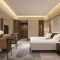Modern Hotel Guest Room Featuring Twin Beds Floor-to-ceiling Windows Desk Chair TV And Patterned Carpet