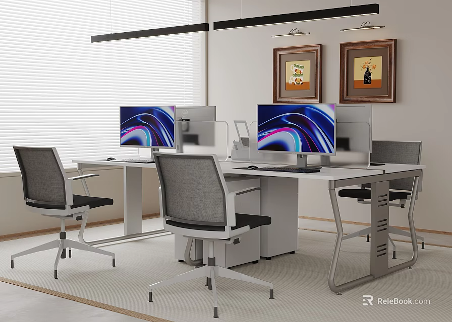 Modern Public Office Space With Workstations Monitors Ergonomic Chairs And Framed Paintings 3d model 