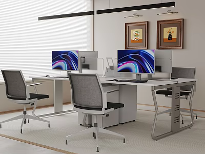 Modern Public Office Space With Workstations Monitors Ergonomic Chairs And Framed Paintings 3d model