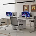 Modern Public Office Space With Workstations Monitors Ergonomic Chairs And Framed Paintings