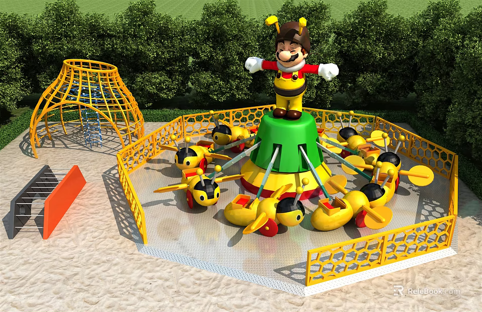 Outdoor Playground Equipment Rotating Airplane Ride With Yellow Airplanes Green Tower And Cartoon Character 3d model 