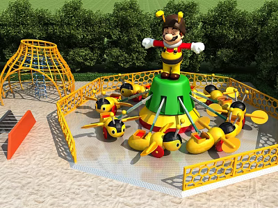 Outdoor Playground Equipment Rotating Airplane Ride With Yellow Airplanes Green Tower And Cartoon Character 3d model