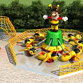 Outdoor Playground Equipment Rotating Airplane Ride With Yellow Airplanes Green Tower And Cartoon Character