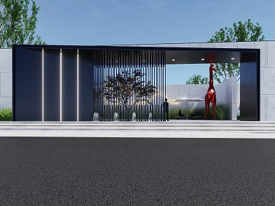 Modern Entrance Gate Design With Metal Grille Red Giraffe Sculpture And Green Plants 3d model