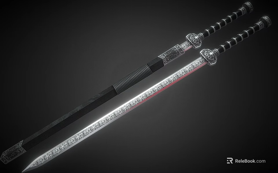 Traditional Decorative Swords With Sheathed Scabbard And Unsheathed Blades Striped Hilt Design 3d model 