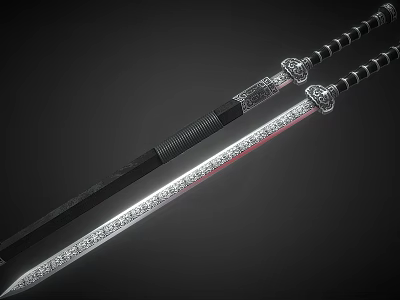 Traditional Decorative Swords With Sheathed Scabbard And Unsheathed Blades Striped Hilt Design 3d model