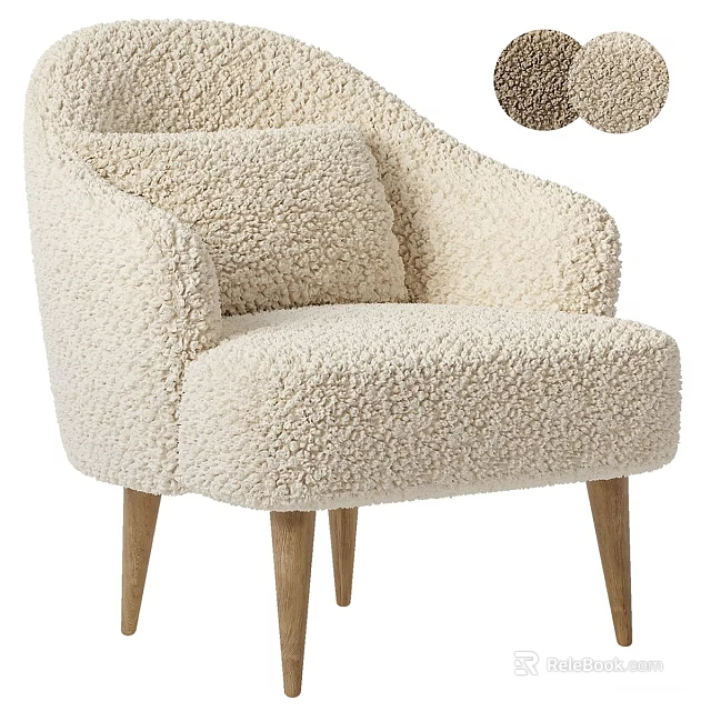Beige Fluffy Accent Chair With Plush Cushion And Wooden Legs Design 3d model 