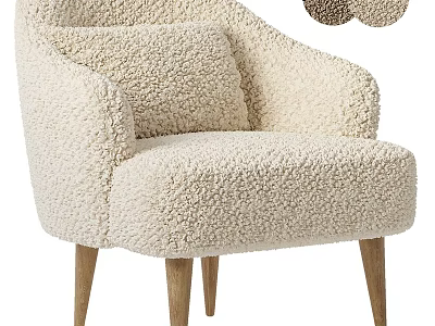 Beige Fluffy Accent Chair With Plush Cushion And Wooden Legs Design 3d model